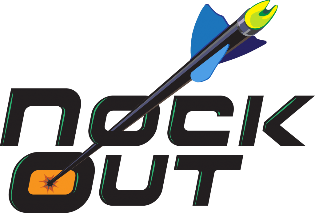This logo was created for the TV show I created, produced, and directed, "Nock Out." What I like most about this logo is the optical illusion; the arrow is passing through the top "O" and hitting the bottom "O," even though the two lines of text appear to be on the same plane. 