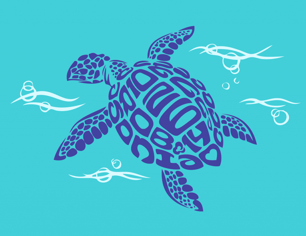 I created this design for a wedding favor: custom silk scarves. Look carefully -- there are a few surprises hidden within the turtle. The design was silk-screened onto the scarves with dye resist. Once the image dried the surrounding areas were then hand painted in various blues and greens. 